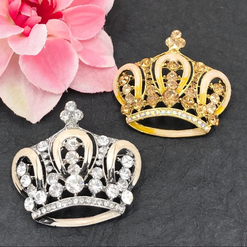 Large Enamel Painted Rhinestone Bling Crown Pin